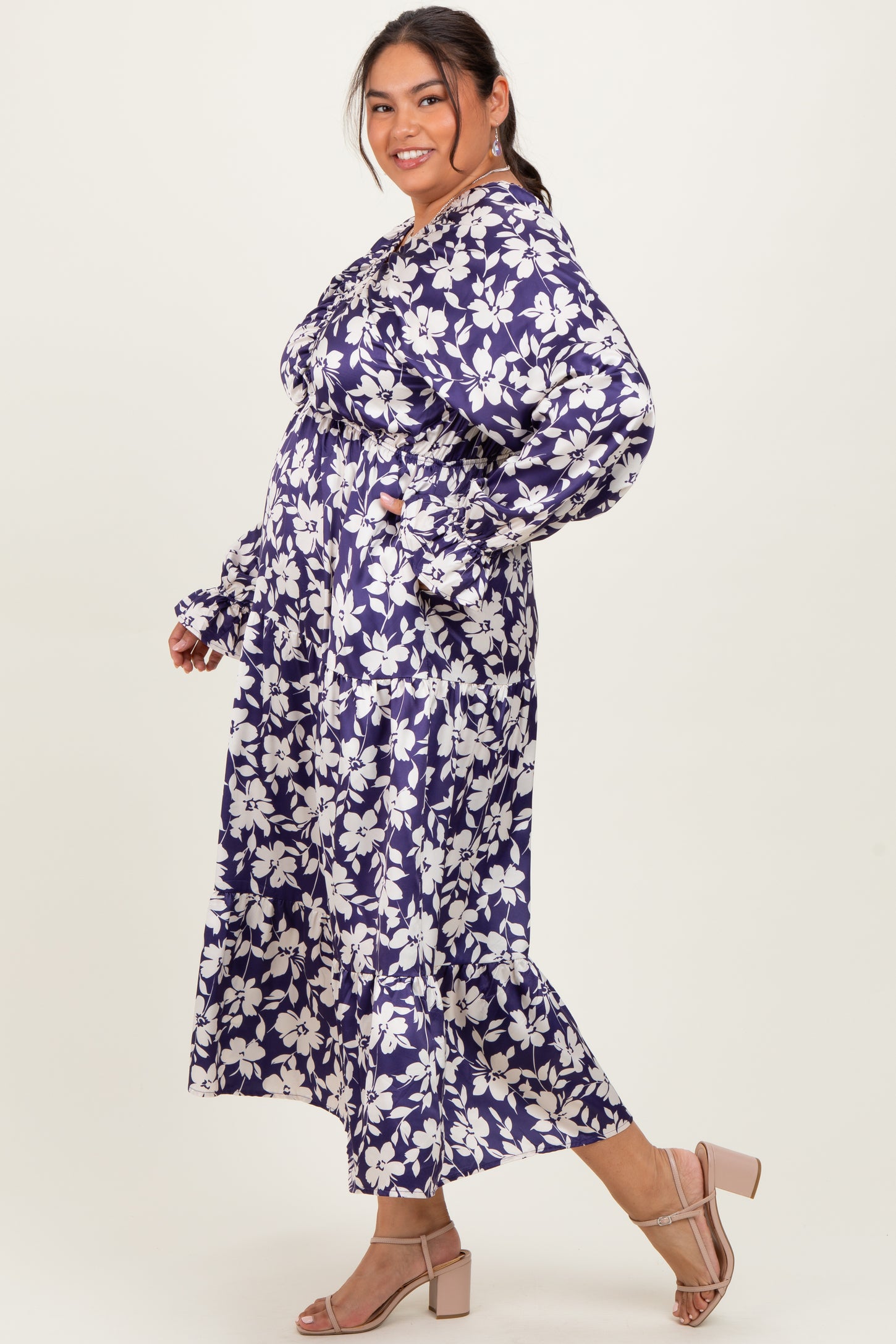 Navy Floral Tiered Ruched V-Neck Satin Plus Maxi Dress