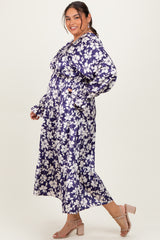 Navy Floral Tiered Ruched V-Neck Satin Plus Maxi Dress
