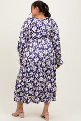 Navy Floral Tiered Ruched V-Neck Satin Plus Maxi Dress