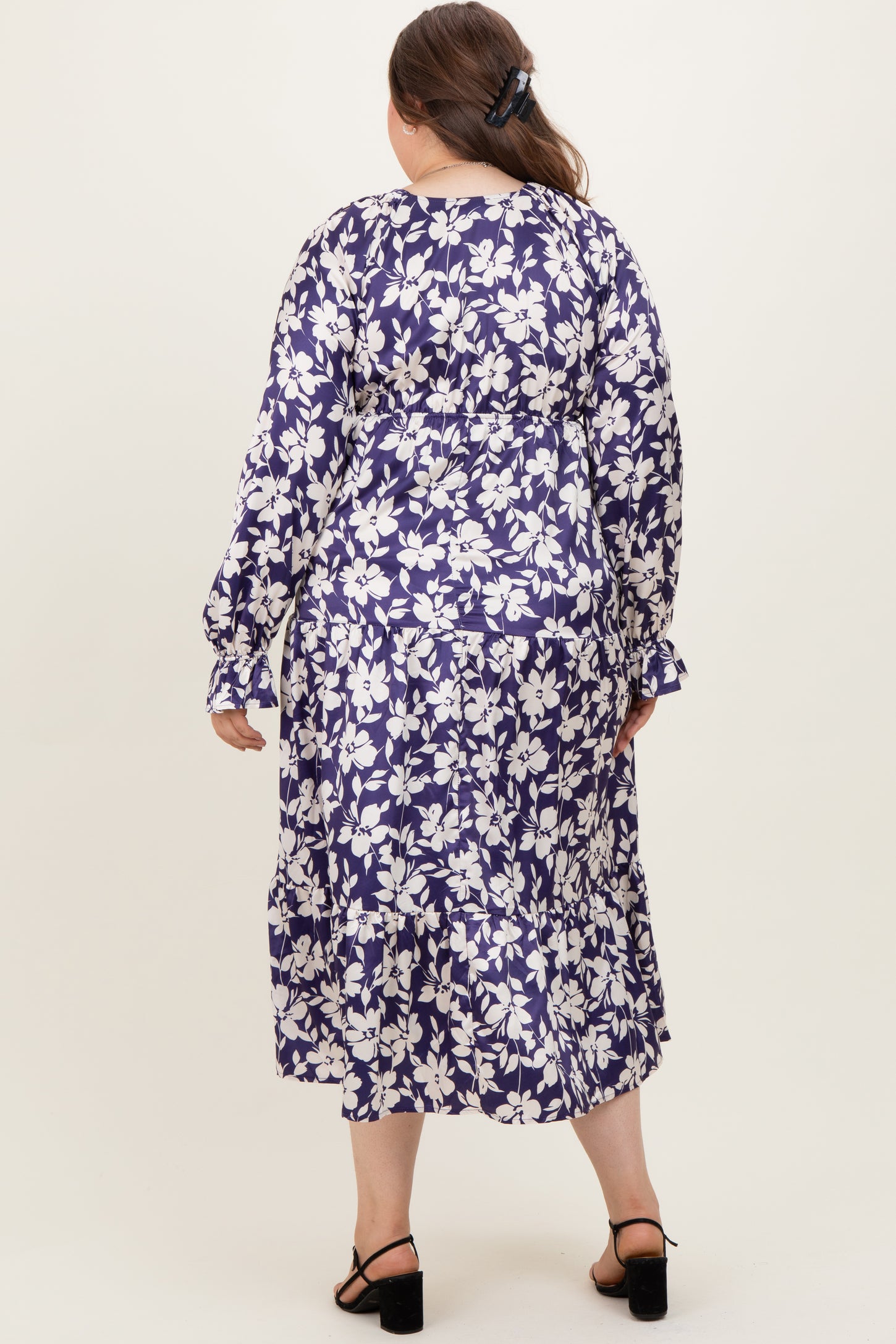 Navy Floral Tiered Ruched V-Neck Satin Plus Maternity Maxi Dress
