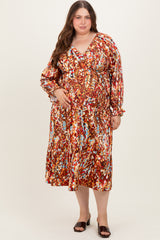 Mocha Multi Color Satin V-Neck Long Sleeve Plus Maternity Maxi Dress