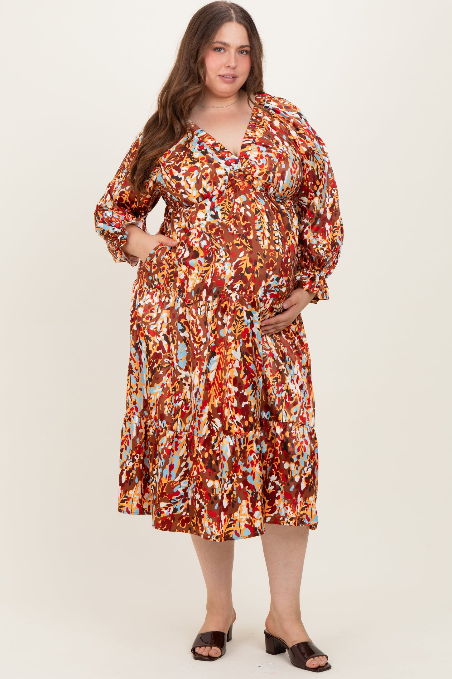 Mocha Multi Color Satin V-Neck Long Sleeve Plus Maternity Maxi Dress