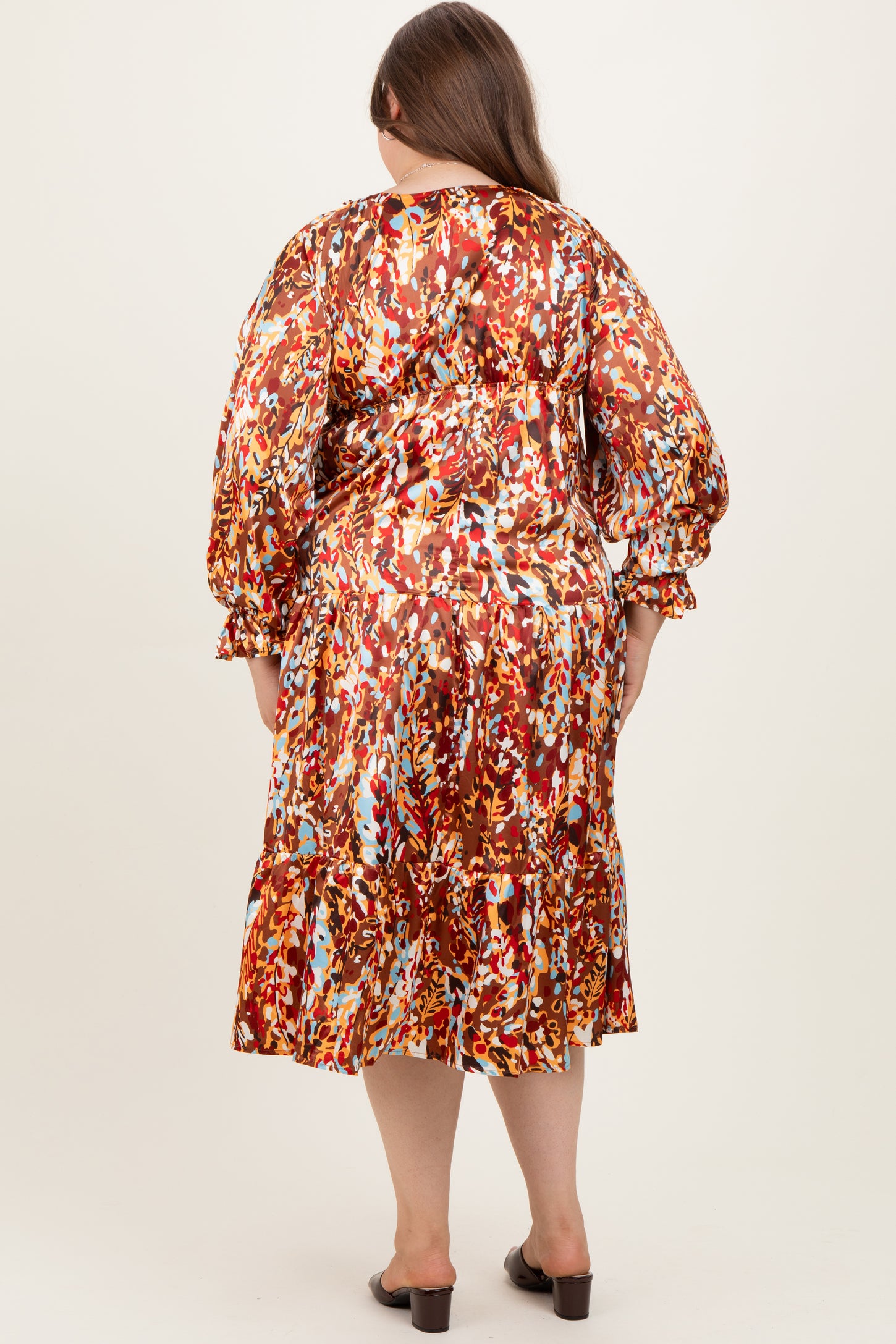 Mocha Multi Color Satin V-Neck Long Sleeve Plus Maternity Maxi Dress