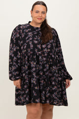 Black Floral Tiered Long Sleeve Plus Dress