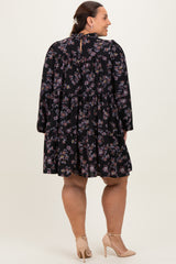 Black Floral Tiered Long Sleeve Plus Dress