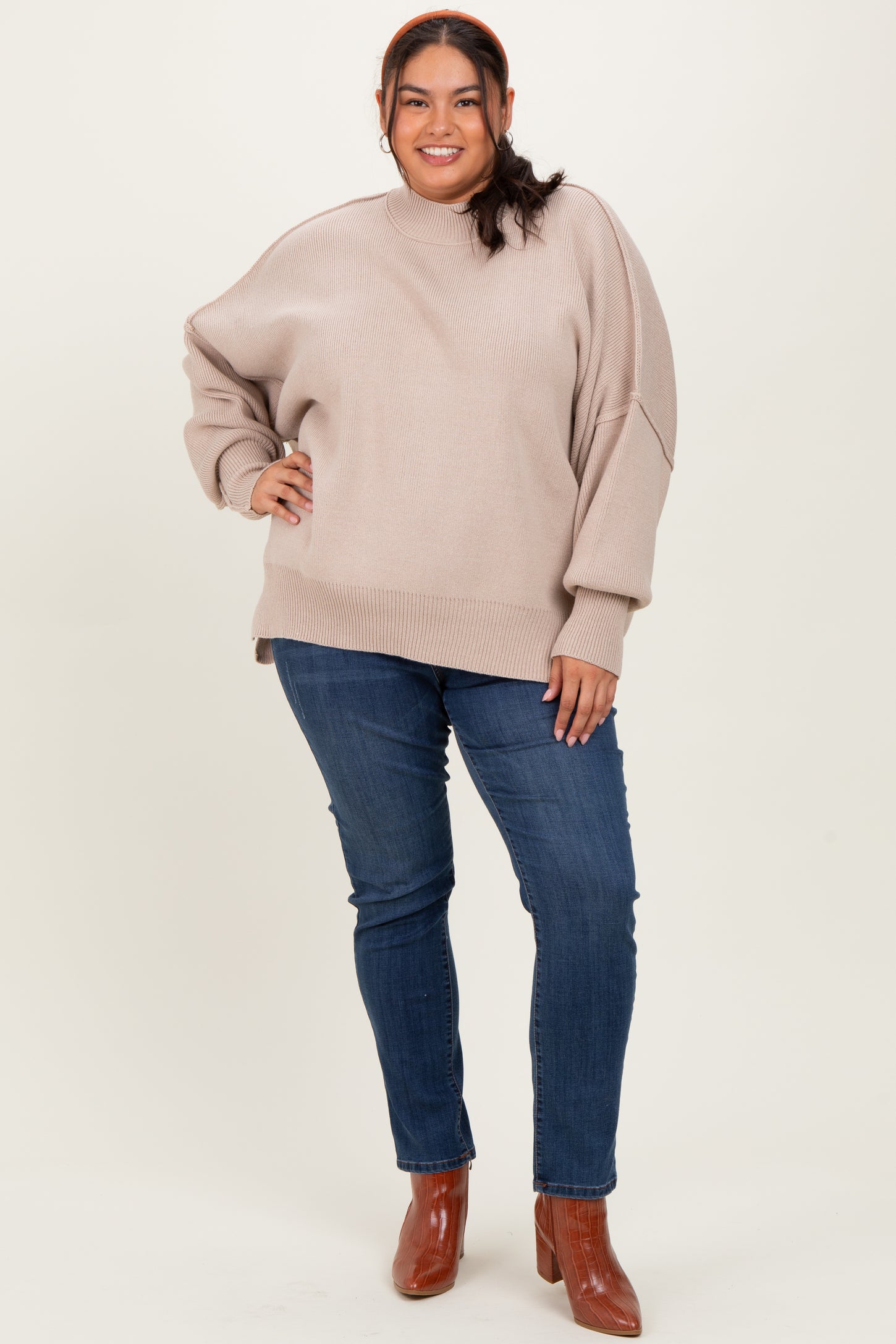 Cream Mock Neck Exposed Seam Maternity Sweater