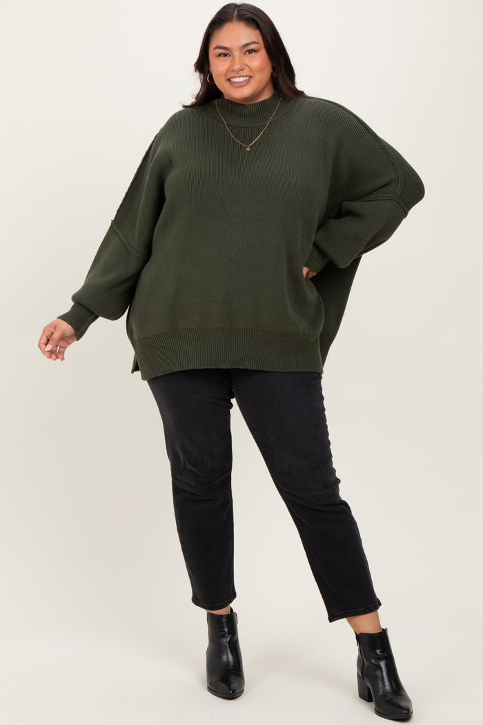 Olive Mock Neck Exposed Seam Sweater