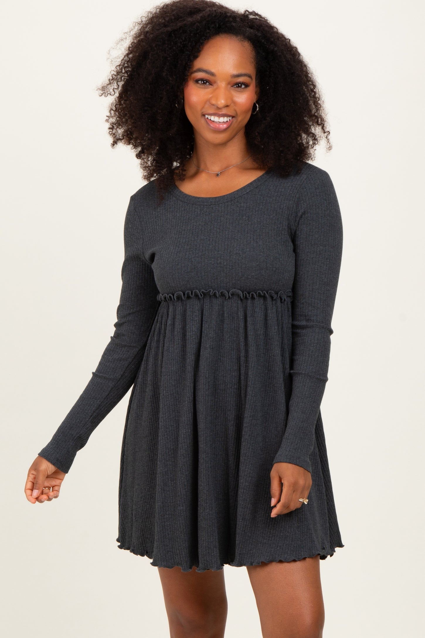 Charcoal Solid Ribbed Long Sleeve Crewneck Shirring Mini Dress