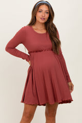 Rust Solid Ribbed Long Sleeve Crewneck Shirring Maternity Mini Dress