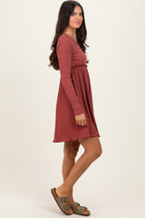 Rust Solid Ribbed Long Sleeve Crewneck Shirring Mini Dress