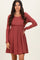 Rust Solid Ribbed Long Sleeve Crewneck Shirring Mini Dress