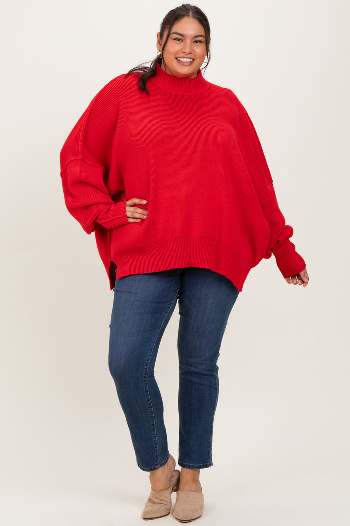 Red Mock Neck Exposed Seam Sweater