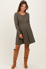 Olive Solid Ribbed Long Sleeve Crewneck Shirring Maternity Mini Dress