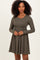 Olive Solid Ribbed Long Sleeve Crewneck Shirring Mini Dress