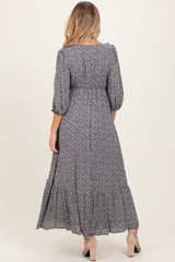 Black Ditzy Floral Long Sleeve Ruffle V-Neck Tiered Maternity Maxi Dress