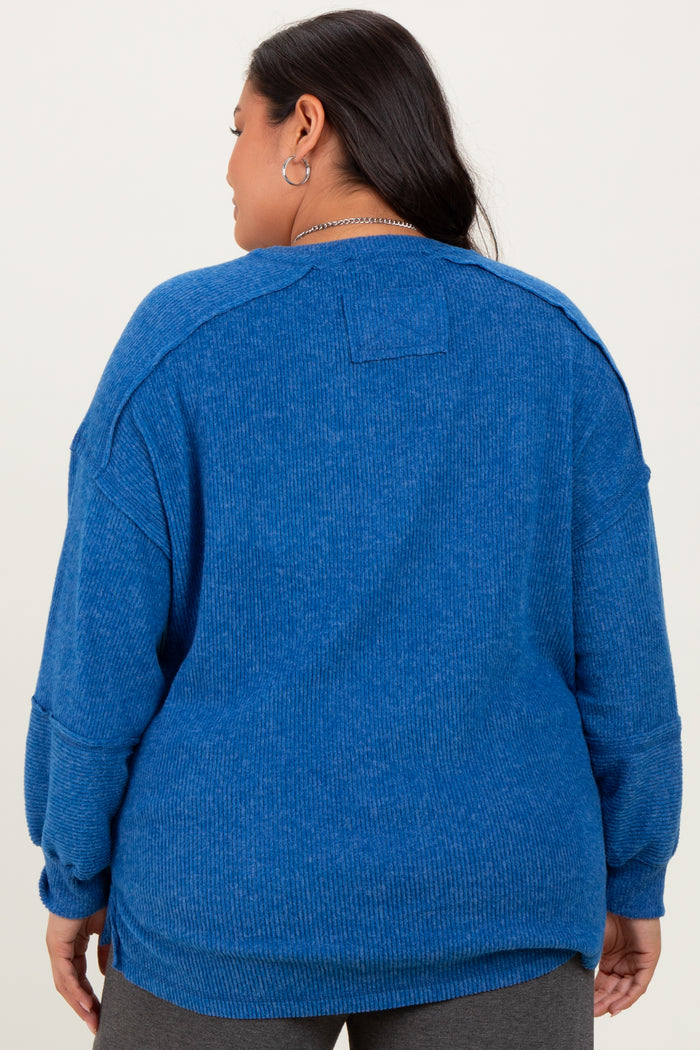 Light Navy Oversized Ribbed Knit Henley Plus Sweater
