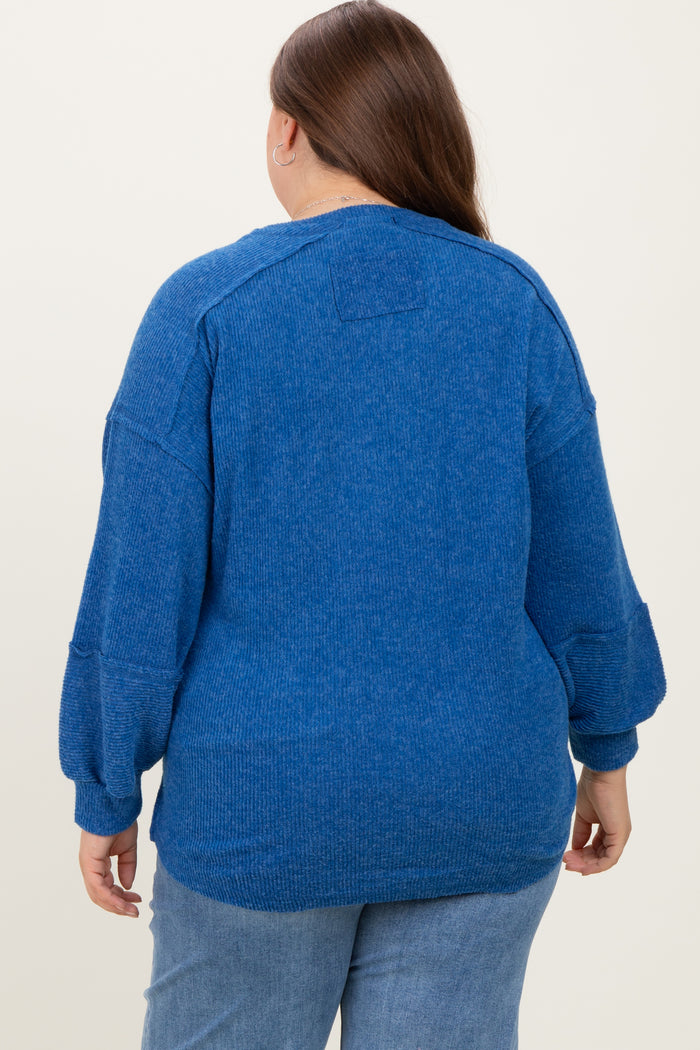 Light Navy Oversized Ribbed Knit Henley Maternity Plus Sweater