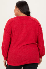 Red Oversized Ribbed Knit Henley Plus Sweater