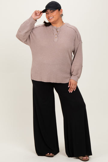 Beige Oversized Ribbed Knit Henley Plus Sweater