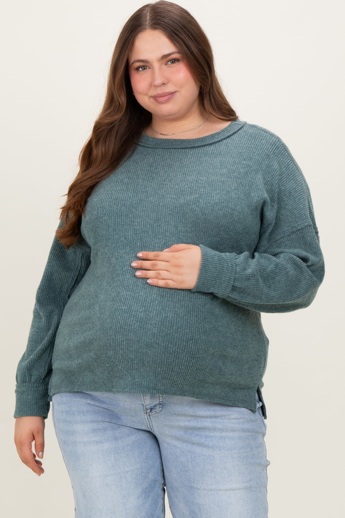 Emerald Green Brushed Ribbed Knit Maternity Plus Pullover