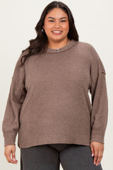 Mocha Brushed Ribbed Knit Maternity Plus Pullover
