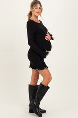 Black Long Sleeve Lettuce Trim Maternity Mini Dress