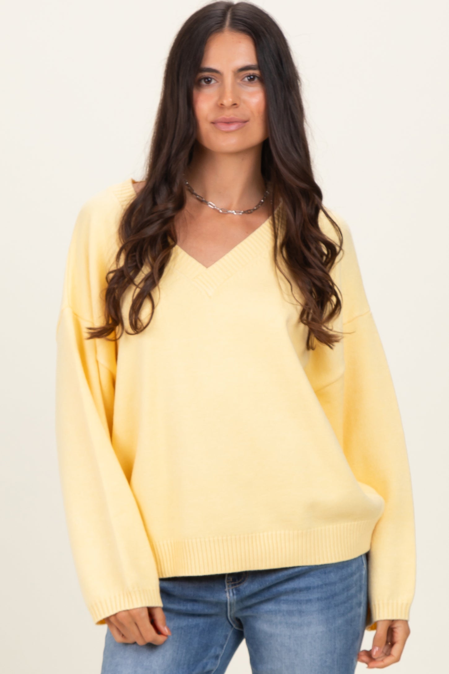 Light Yellow V-Neck Drop Shoulder Maternity Sweater