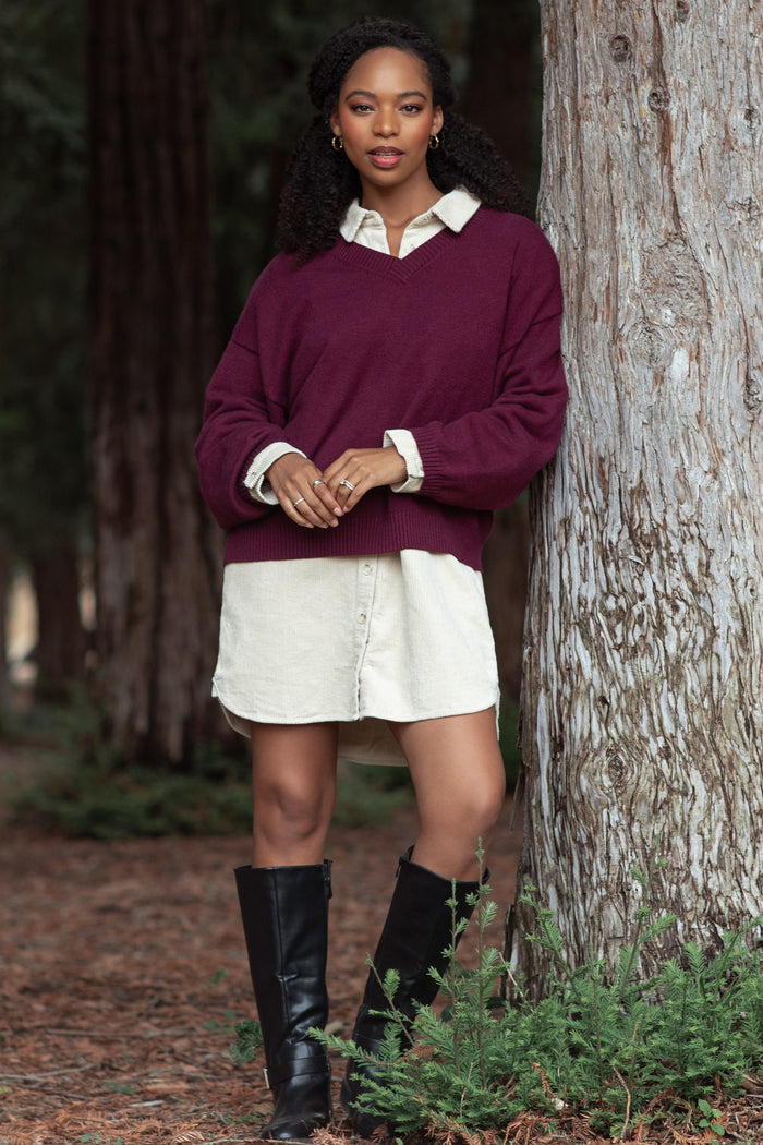 Burgundy V-Neck Drop Shoulder Maternity Sweater