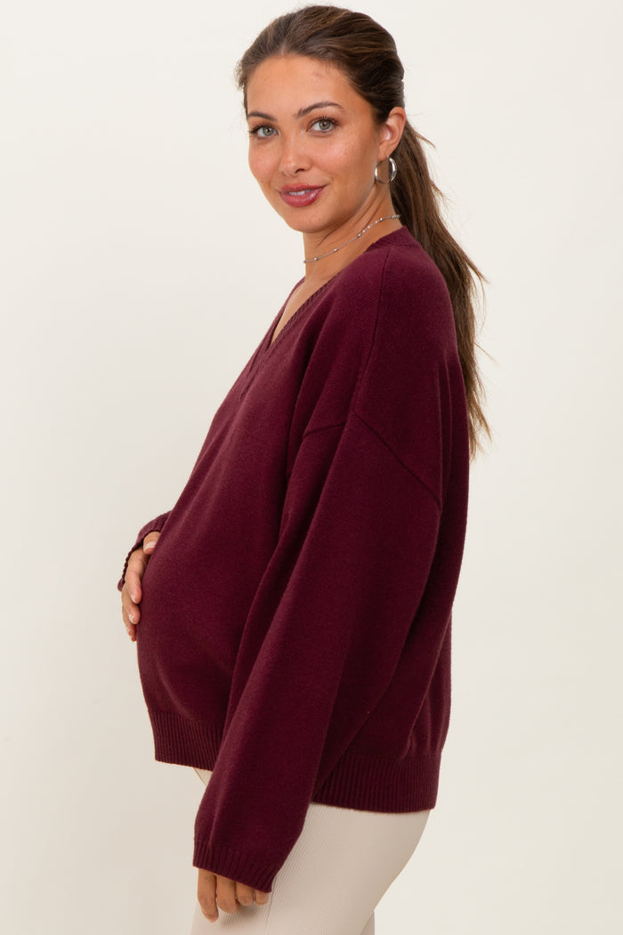 Burgundy V-Neck Drop Shoulder Sweater