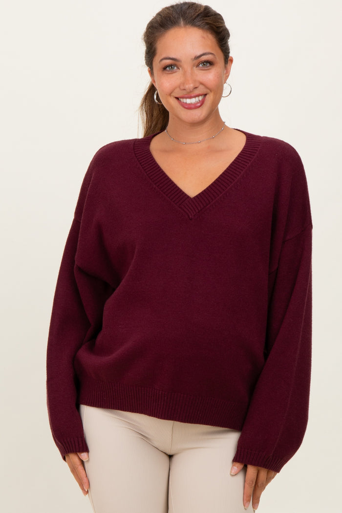 Burgundy V-Neck Drop Shoulder Sweater