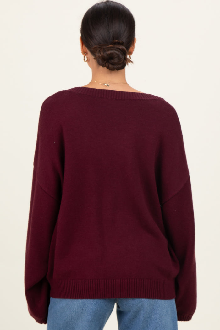 Burgundy V-Neck Drop Shoulder Maternity Sweater
