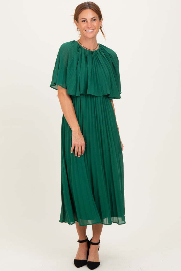 Green Pleated Cape Midi Dress