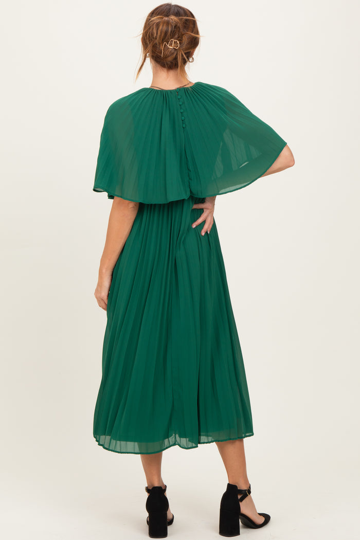 Green Pleated Cape Midi Dress