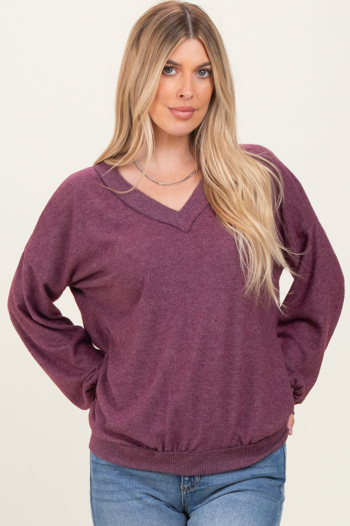 Plum Brushed Long Sleeve Ribbed V-Neck Top