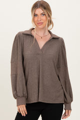 Brown Brushed Colorblock Long Sleeve Collared V-Neck Top