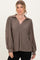 Brown Brushed Colorblock Long Sleeve Collared V-Neck Top