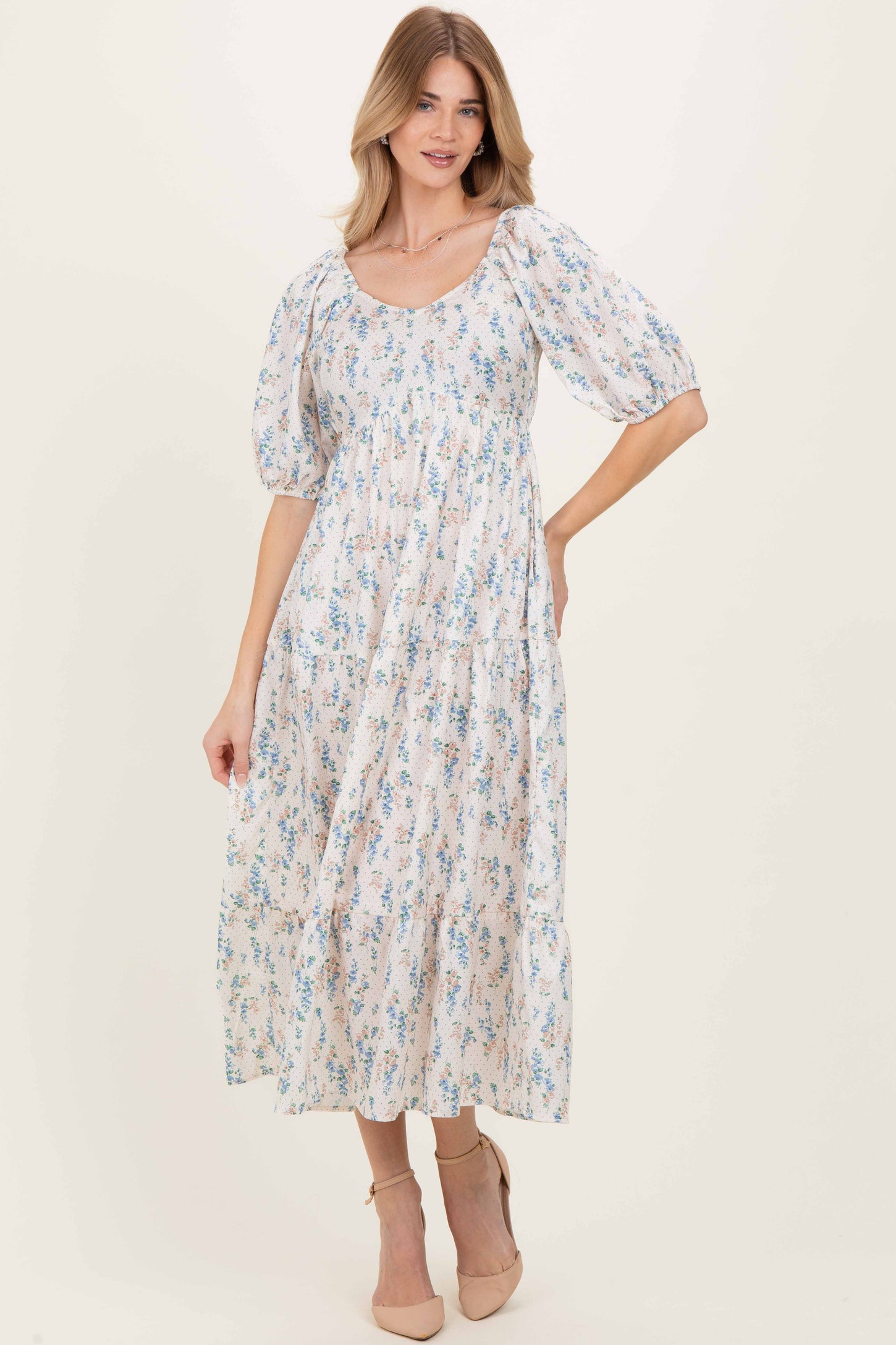 Cream Floral Puff Sleeve Tiered Maxi Dress