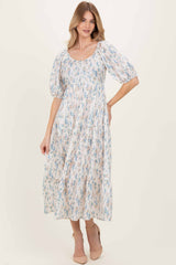 Cream Floral Puff Sleeve Tiered Maxi Dress