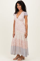 Multicolor Floral Colorblock Tiered Maxi Dress