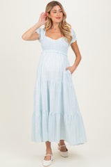 Light Blue Floral Lace Trim Tiered Maternity Maxi Dress