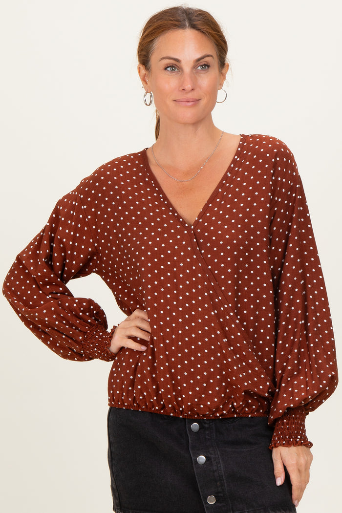 Brown Polka Dot Long Sleeve Smocked Maternity Top