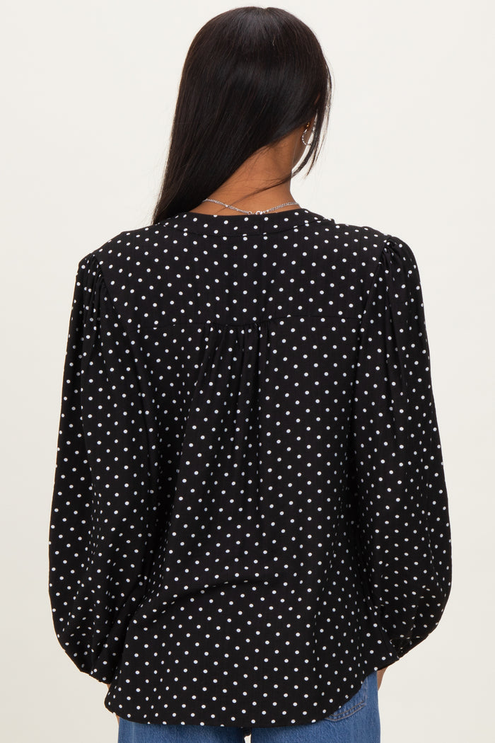 Black Polka Dot Long Sleeve Button Down V-Neck Top