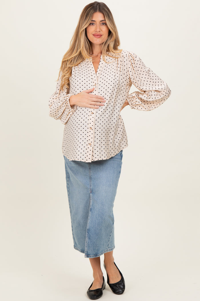 Ivory Polka Dot Long Sleeve Button Down V-Neck Maternity Top