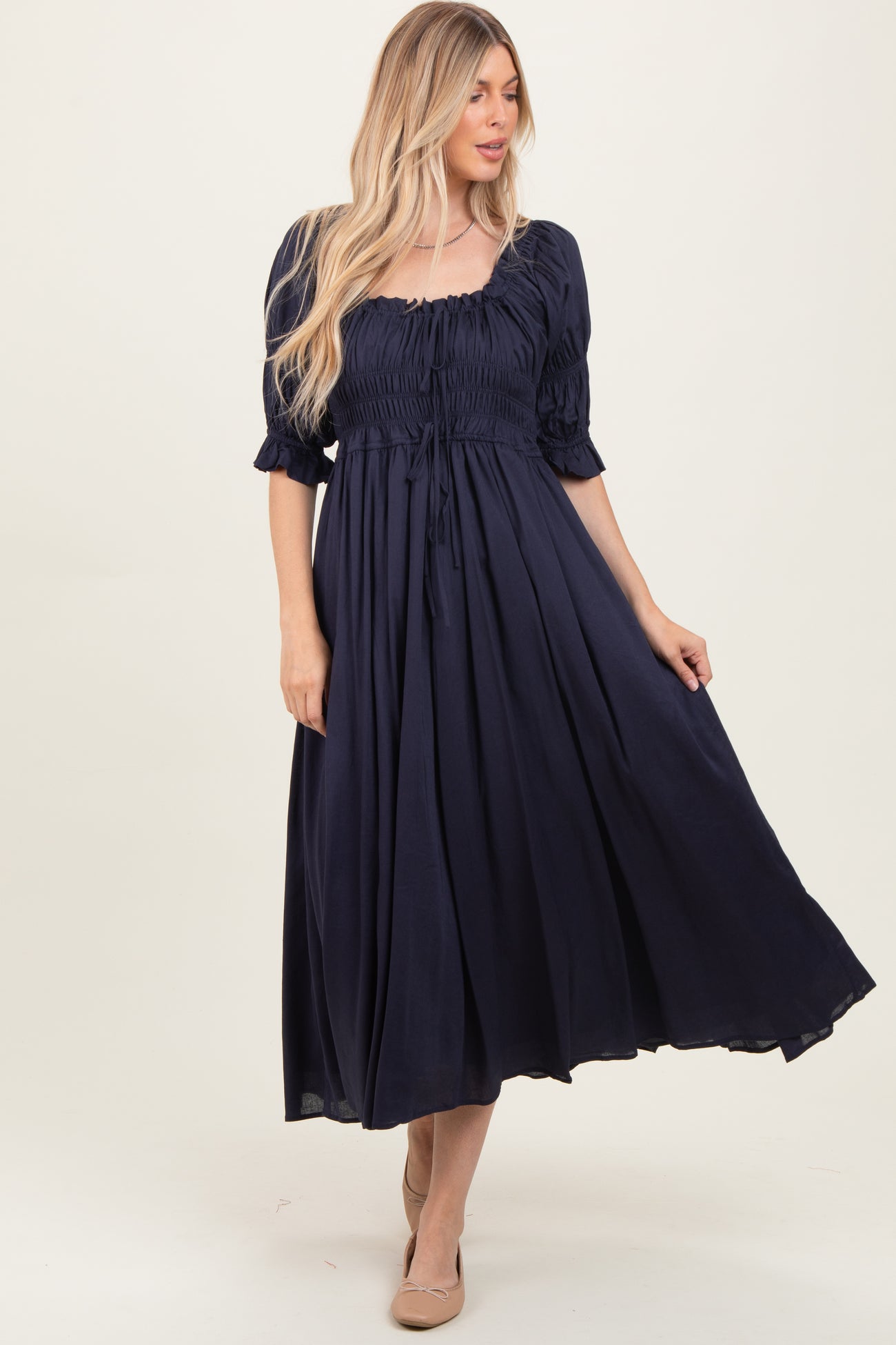 Navy Smocked Ruffle Square Neck Midi Dress