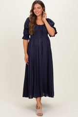 Navy Smocked Ruffle Square Neck Maternity Midi Dress