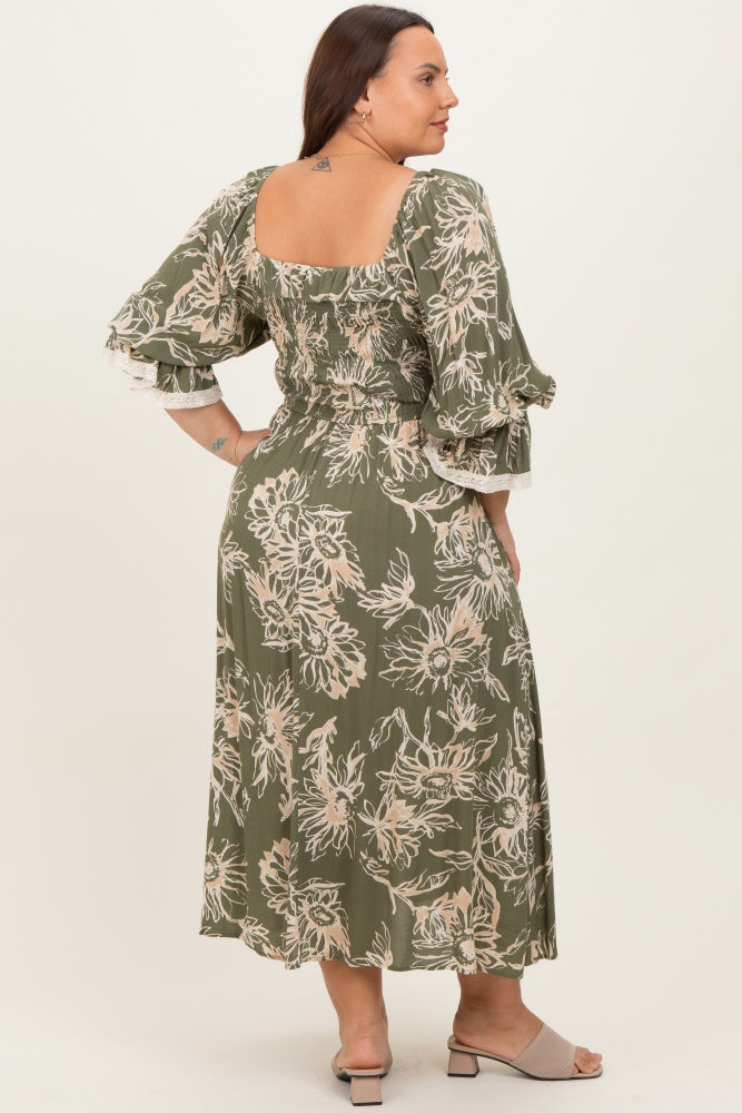 Olive Floral Smocked 3/4 Sleeve Plus Midi Dress