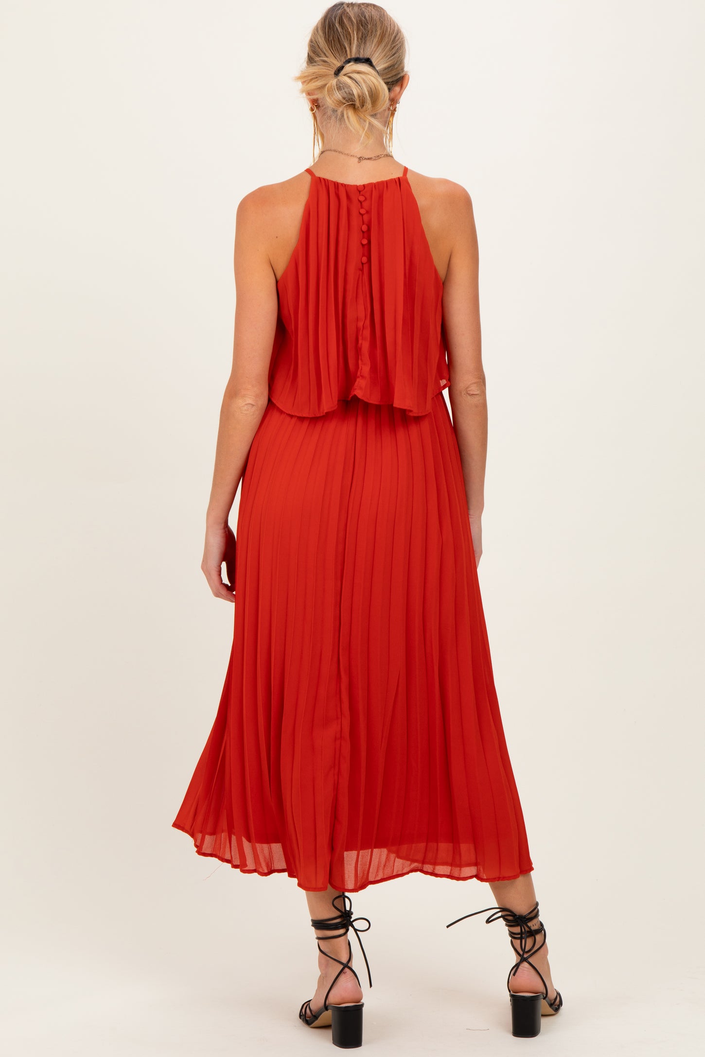 Red Pleated Woven Maternity Midi Dress