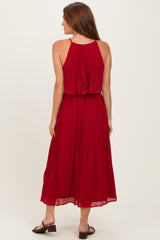 Burgundy Pleated Woven Midi Dress