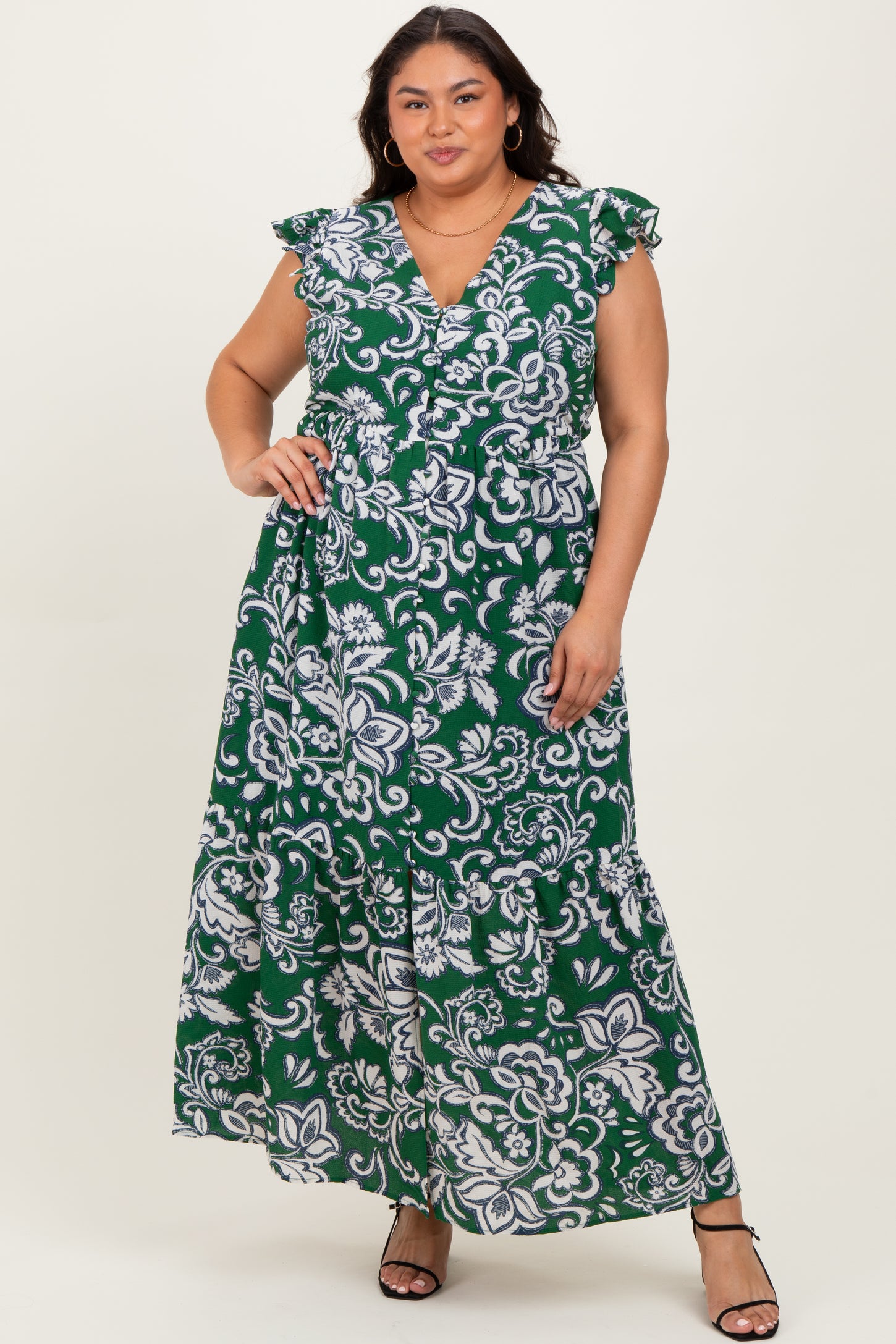 Cream-Green Floral Button Down Plus Maternity Maxi Dress