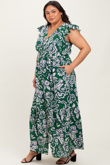 Cream-Green Floral Button Down Plus Maxi Dress